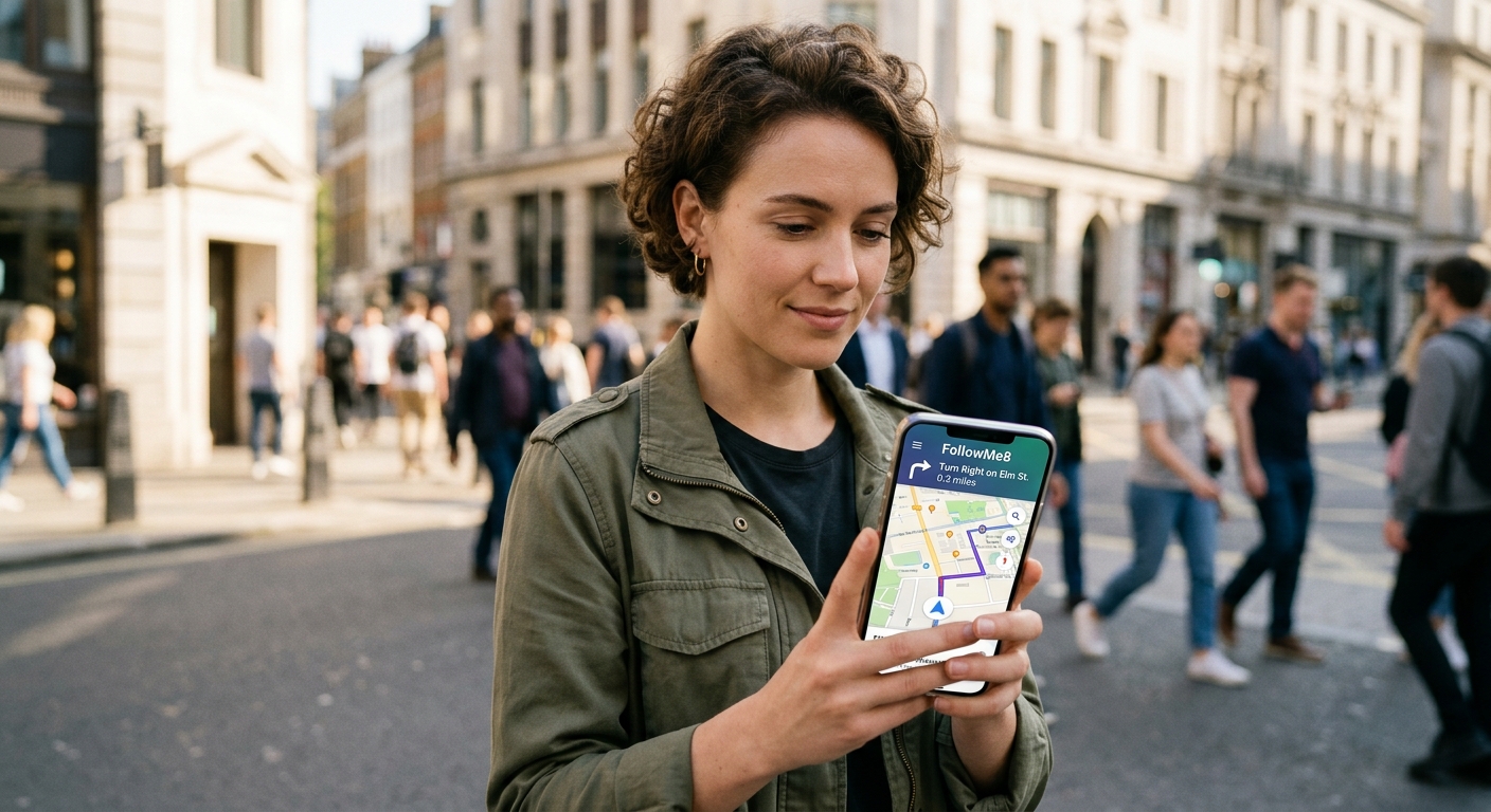情境首圖:一位車隊領隊在陽光下,手機螢幕顯示著清晰的FollowMe8地圖,神情專注且充滿信心