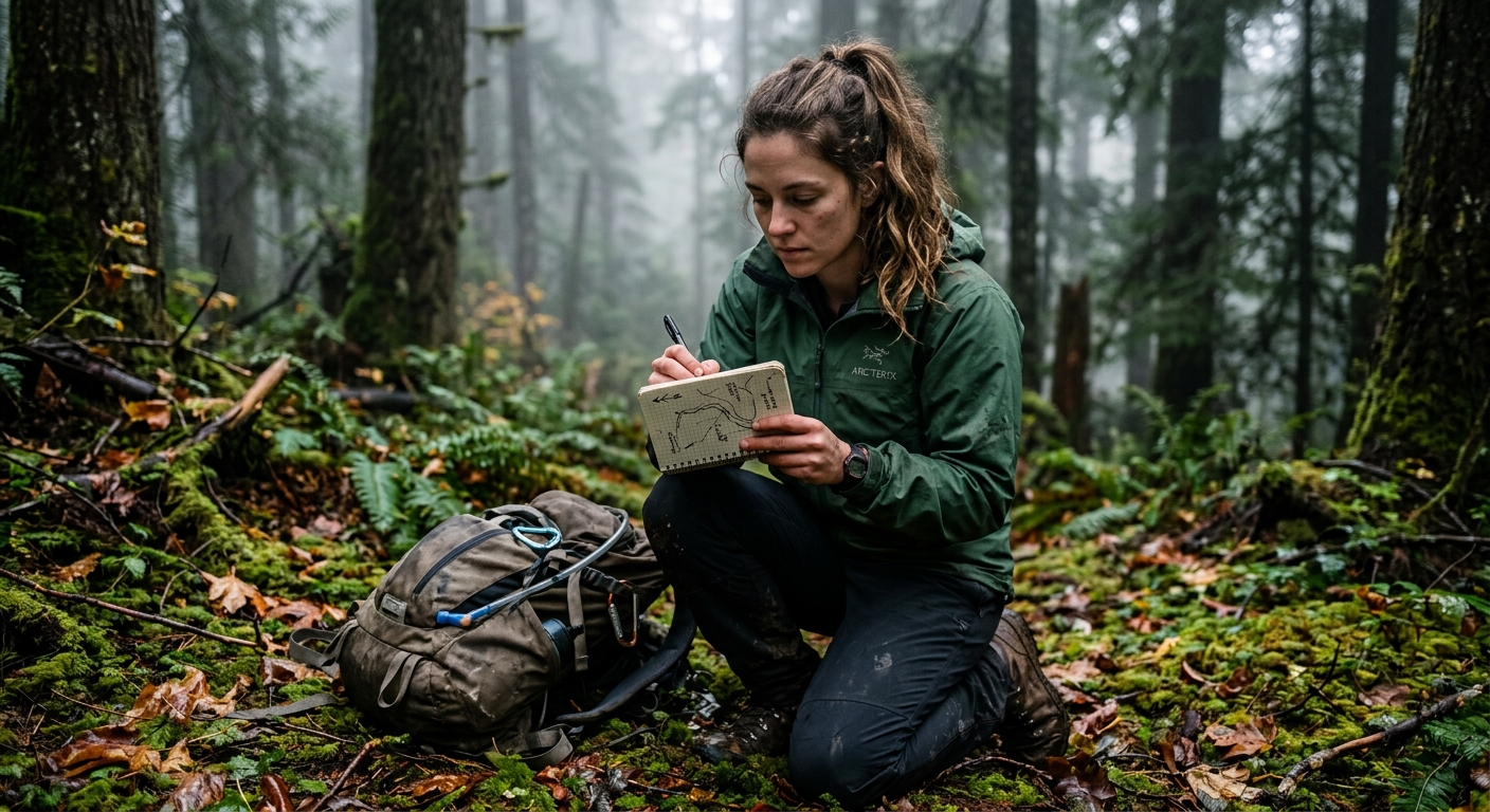 情境首圖:一位工程師在筆記本上專注地繪製著地圖與數據流草圖,背景簡潔明亮