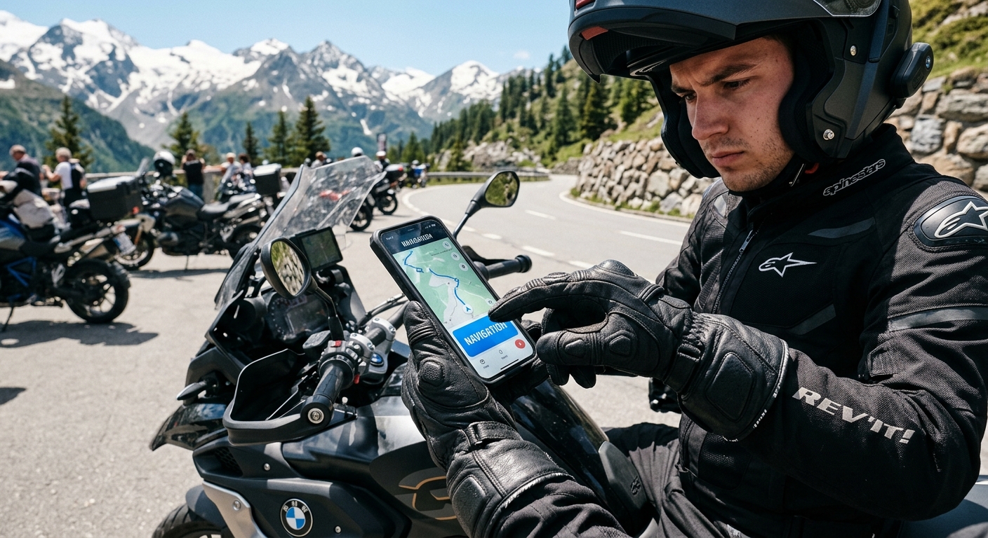 情境首圖:一位戴著厚重重機手套的騎士,在陽光下查看手機螢幕上的超大按鈕,表情專注。
