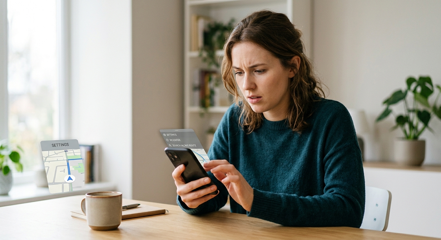 情境首圖:使用者困惑地看著手機螢幕上,功能選單與地圖畫面重疊的介面