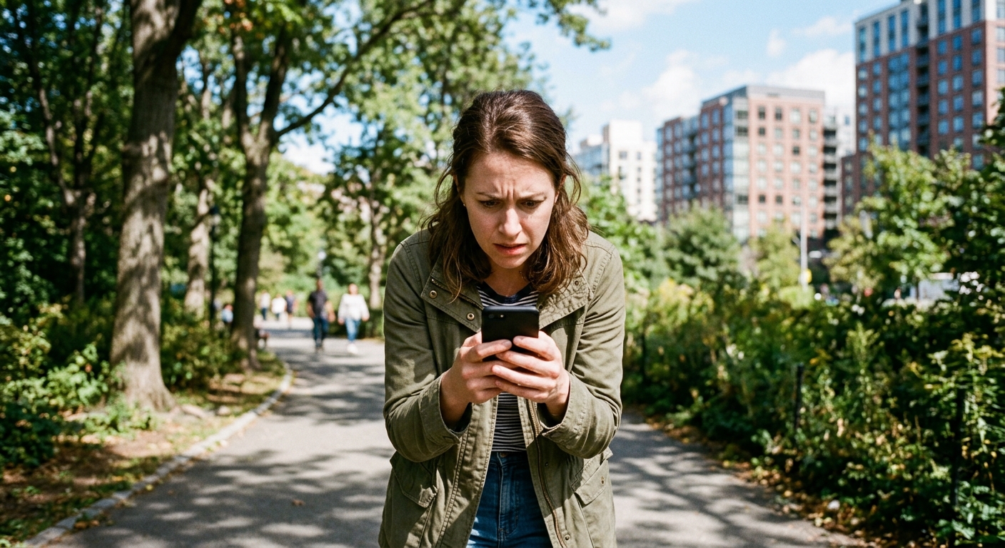 情境首圖:一位在戶外感到焦慮的使用者,眼神快速掃描手機螢幕,試圖找尋特定功能。