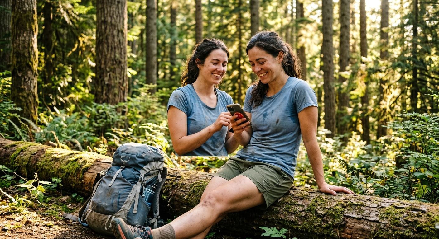 情境首圖:一位用戶在戶外活動後,輕鬆點擊「結束活動」,享受無負擔的數位體驗。