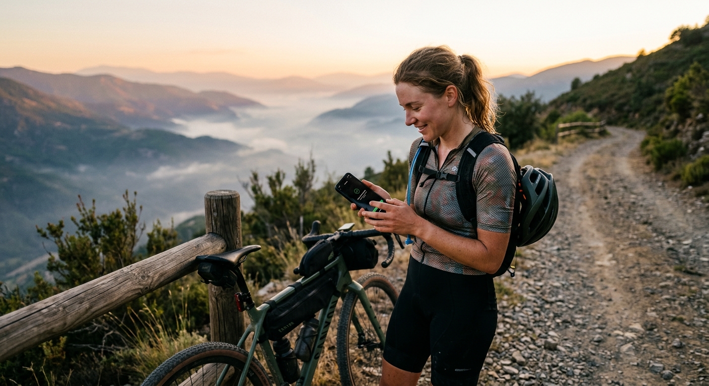 情境首圖:一位隊員在騎行結束後,檢視手機上已自動消失的位置紀錄,面露安心與信任的表情。