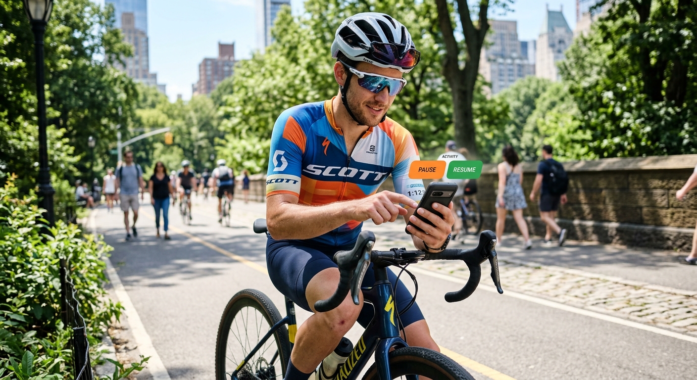 情境首圖:騎士在陽光下迅速操作手機,螢幕顯示清晰簡潔的兩個大按鈕