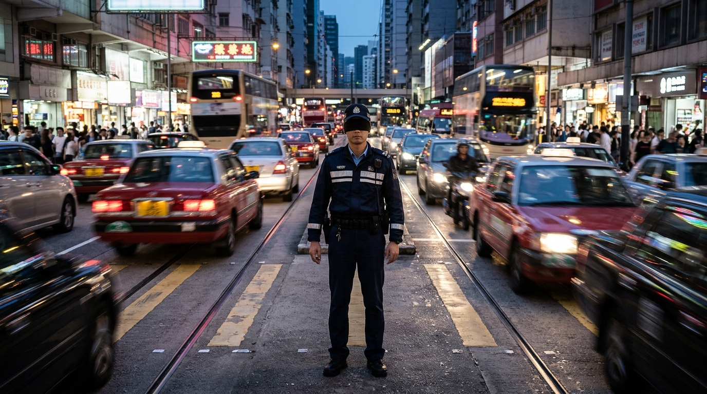 站在路中央、沒有眼睛也沒有指揮棒的交通警察（AI 生成示意圖）